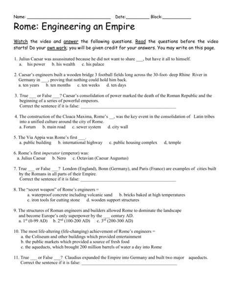 Rome Engineering An Empire Worksheet Answers